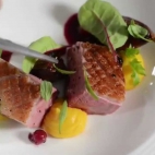 Kuchnia molekularna - pierś z kaczki sous-vide z żurawiną, figami i puree z dyni