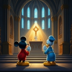 Miki i Donald składają ręce przed Najświętszym Sakramentem