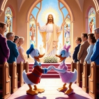 Daisy i Donald trzymają się za dłonie przed Jezusem Chrystusem