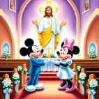 Miki i Minnie trzymają się za dłonie przed Panem Jezusem